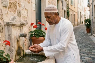 Homme en djellaba blanche effectuant ses ablutions à une fontaine de pierre dans un quartier de Marseille 13015 avant la prière