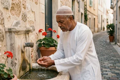 Homme en djellaba blanche effectuant ses ablutions à une fontaine de pierre dans un quartier de Marseille 13015 avant la prière