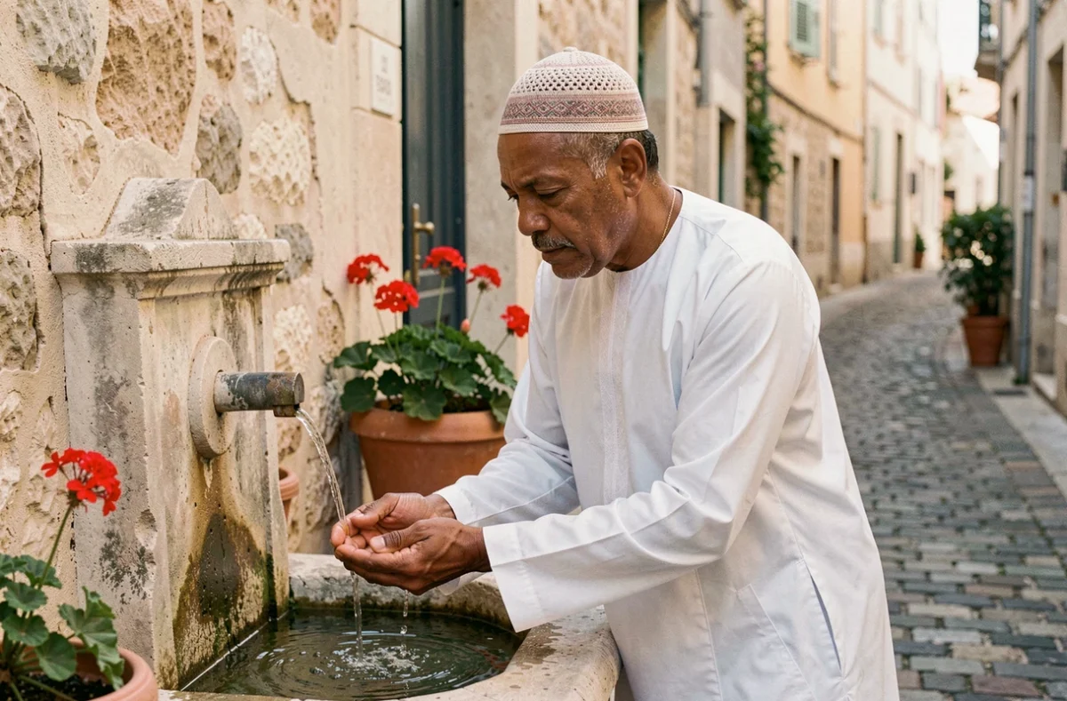 Homme en djellaba blanche effectuant ses ablutions à une fontaine de pierre dans un quartier de Marseille 13015 avant la prière