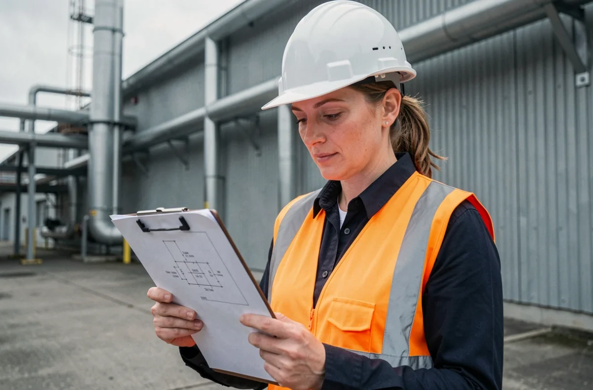Ingénieure d'Actemium Rouen consultant des plans techniques devant une installation industrielle
