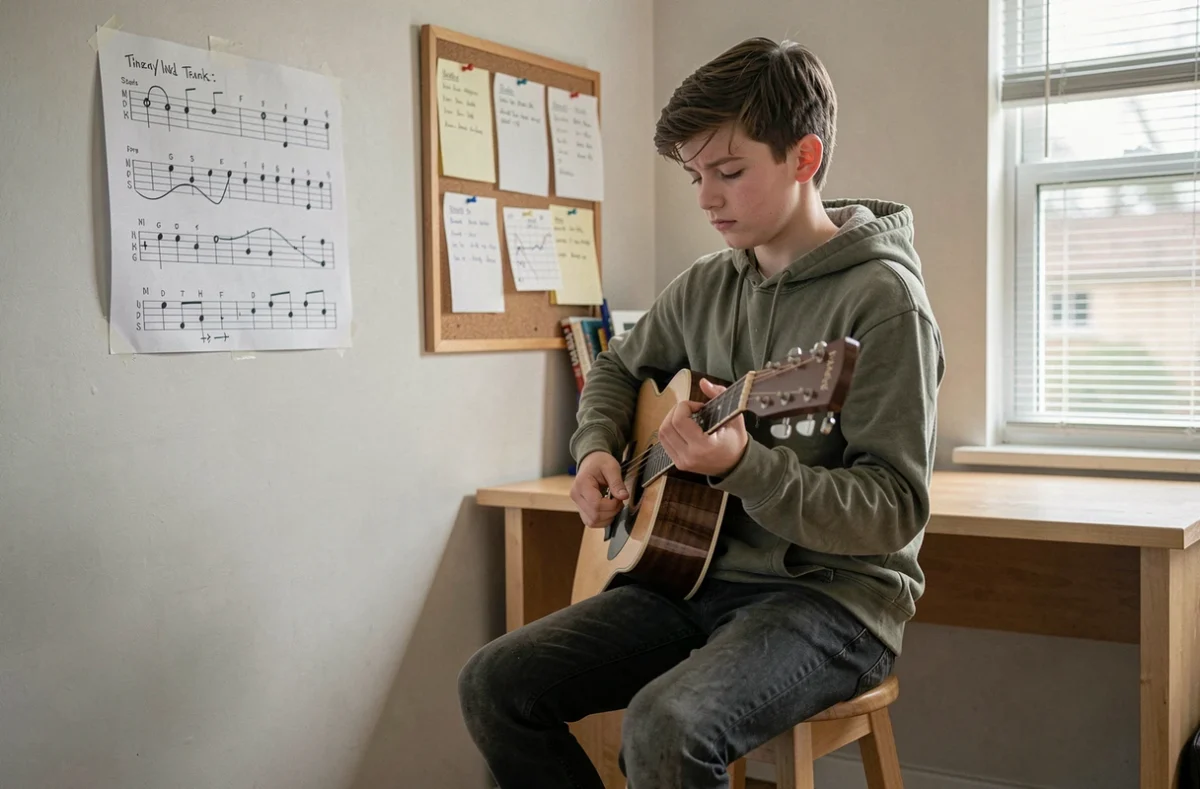 Adolescent débutant qui apprend les accords de guitare faciles avec une fiche d'accords dans sa chambre