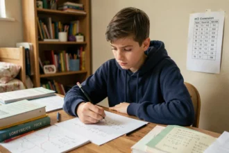 Adolescent en train de faire ses devoirs de maths avec un tableau de conversion m3 affiché au mur