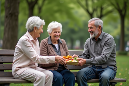 Deux femmes âgées et un jeune homme partageant un repas dans un parc