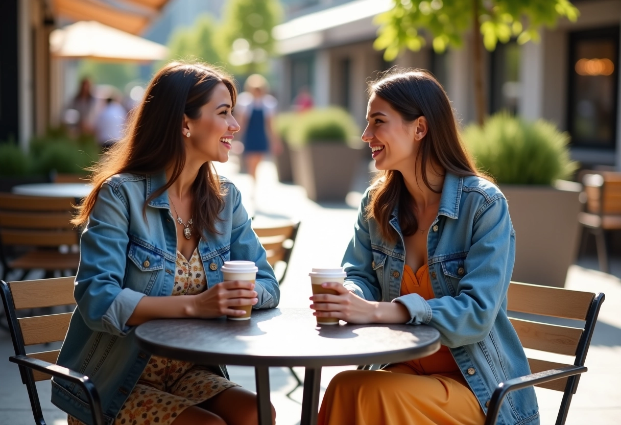 Amis discutant dans un café en plein air en été