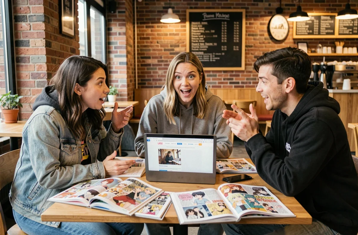 Groupe d'amis discutant du chapitre One Piece 1139 dans un café autour de mangas et d'un ordinateur portable