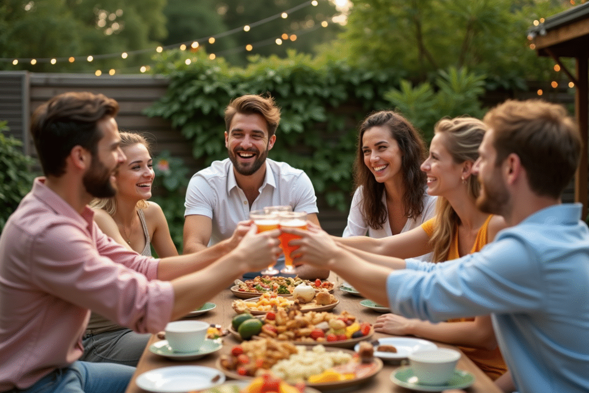 Groupe d'amis souriants lors d'une fête dans un jardin