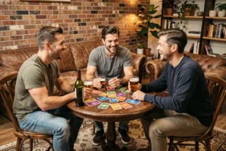 Trois amis jouant à un jeu de cartes à boire autour d'une petite table en bois dans un salon chaleureux avec verres et bouteille de vin