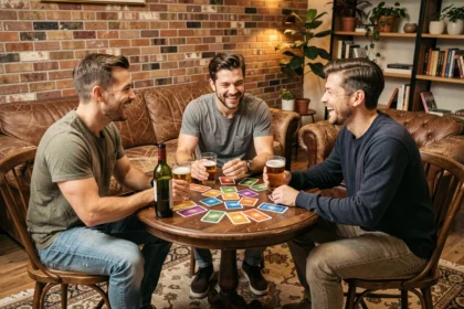 Trois amis jouant à un jeu de cartes à boire autour d'une petite table en bois dans un salon chaleureux avec verres et bouteille de vin