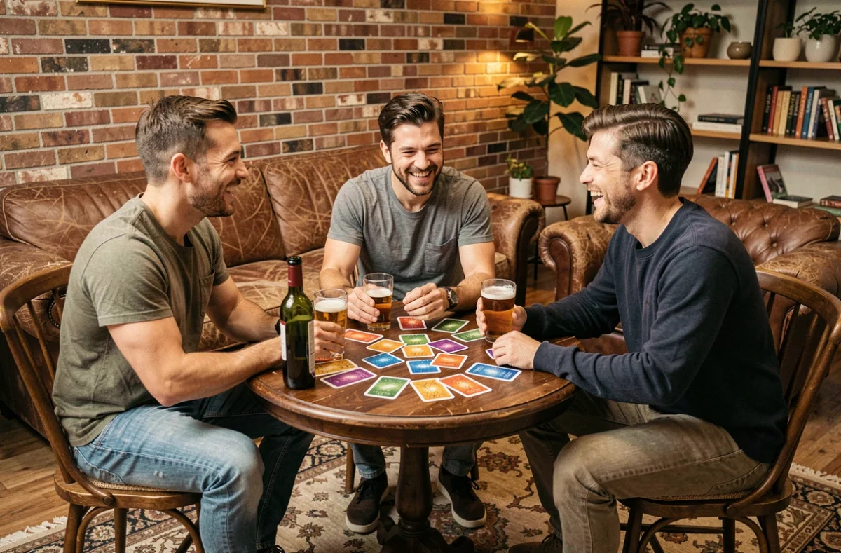 Trois amis jouant à un jeu de cartes à boire autour d'une petite table en bois dans un salon chaleureux avec verres et bouteille de vin