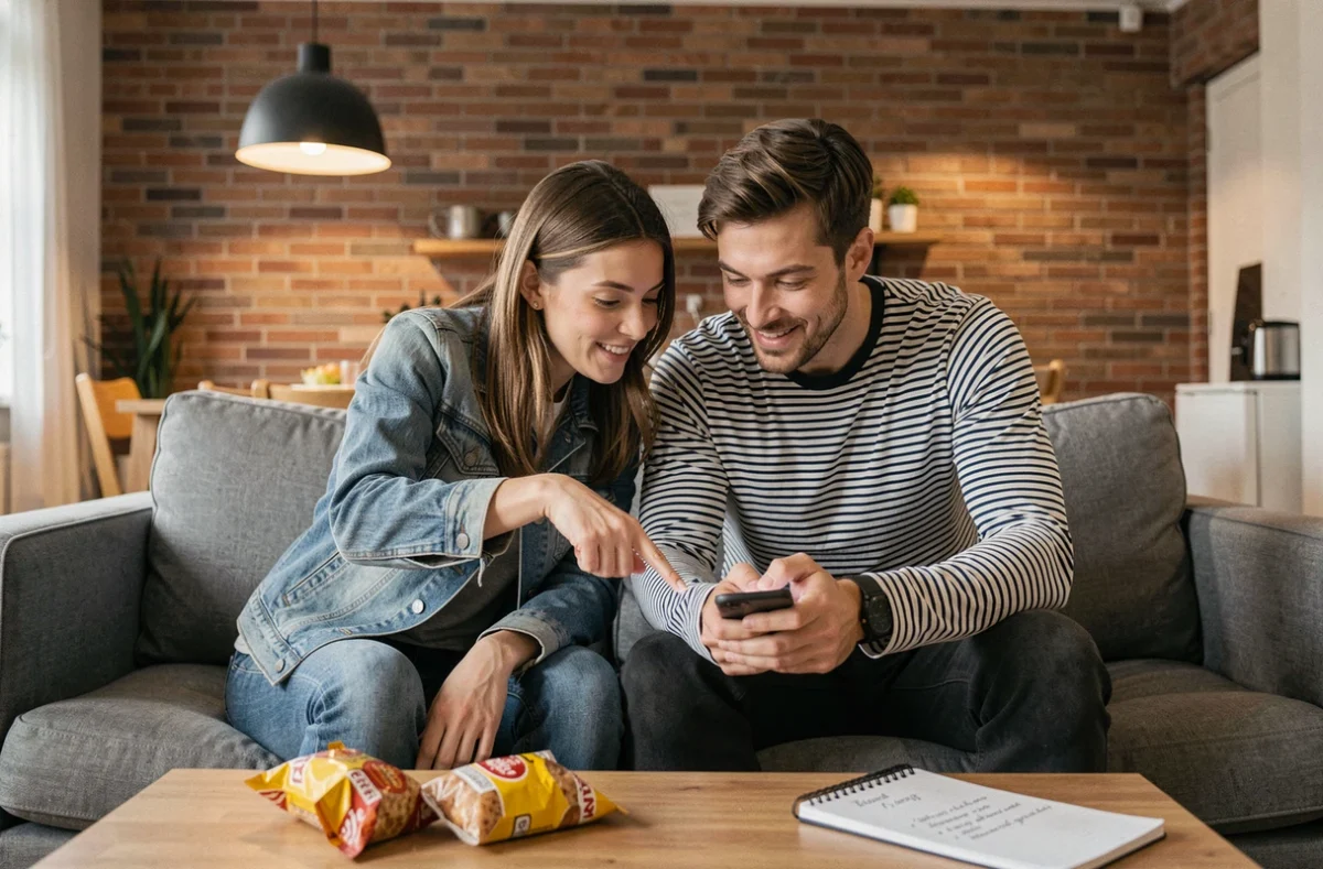 Deux amis adultes jouant ensemble à un jeu de salle d'évasion sur smartphone assis sur un canapé, partageant des astuces discrètes