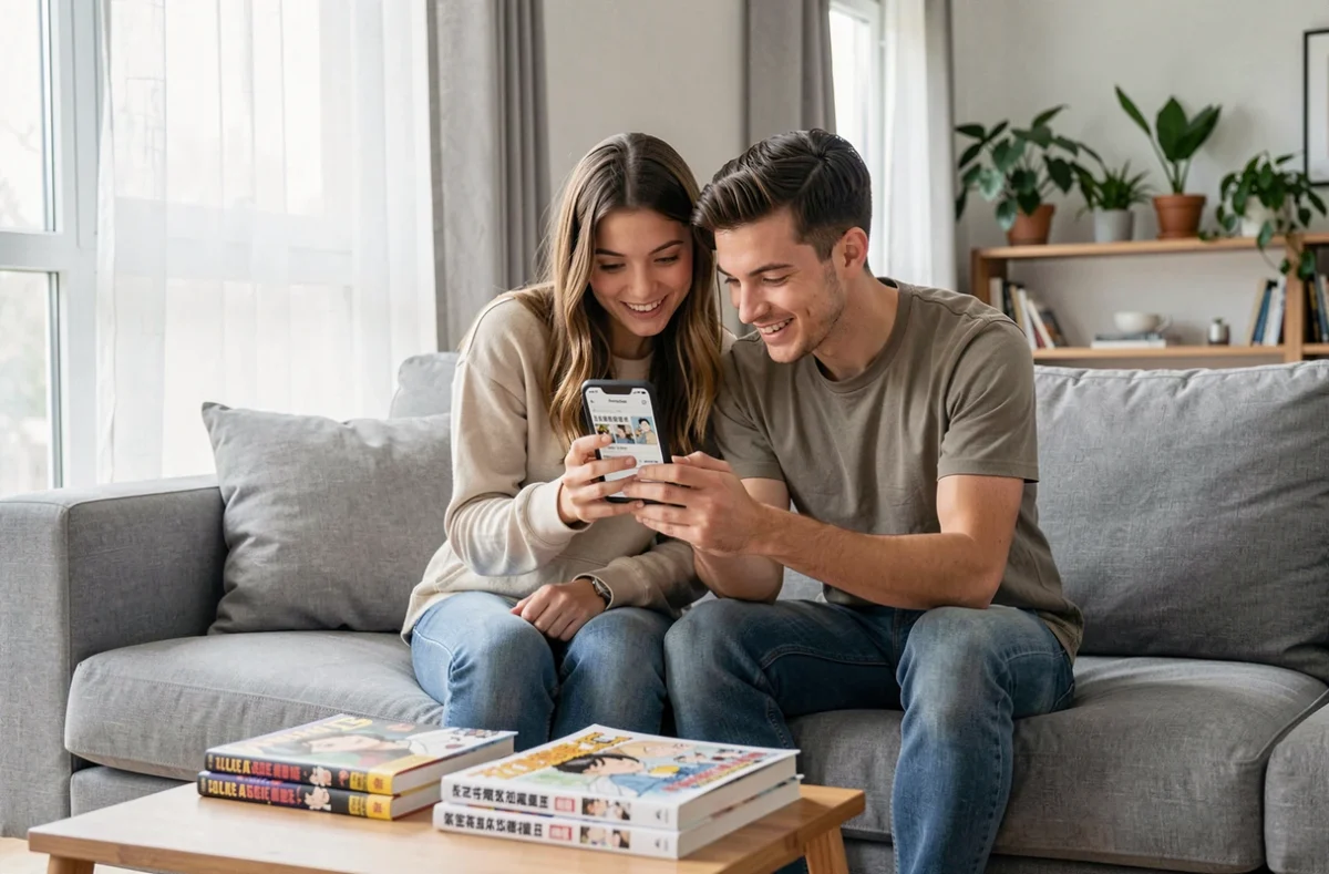 Deux amis parcourant ensemble un site de lecture de mangas VF sur smartphone dans un salon moderne