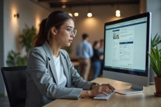 Femme analysant plusieurs sites web concurrents sur un grand écran dans un bureau moderne en 2026