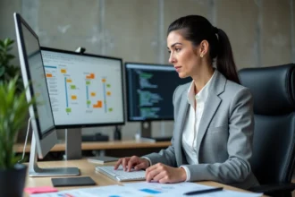 Professionnelle analysant les changements de structure d'URL sur un écran de tableau de bord analytique