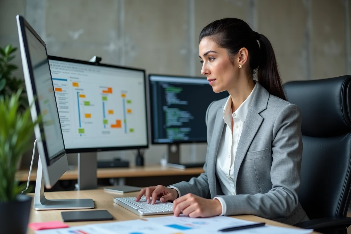 Professionnelle analysant les changements de structure d'URL sur un écran de tableau de bord analytique