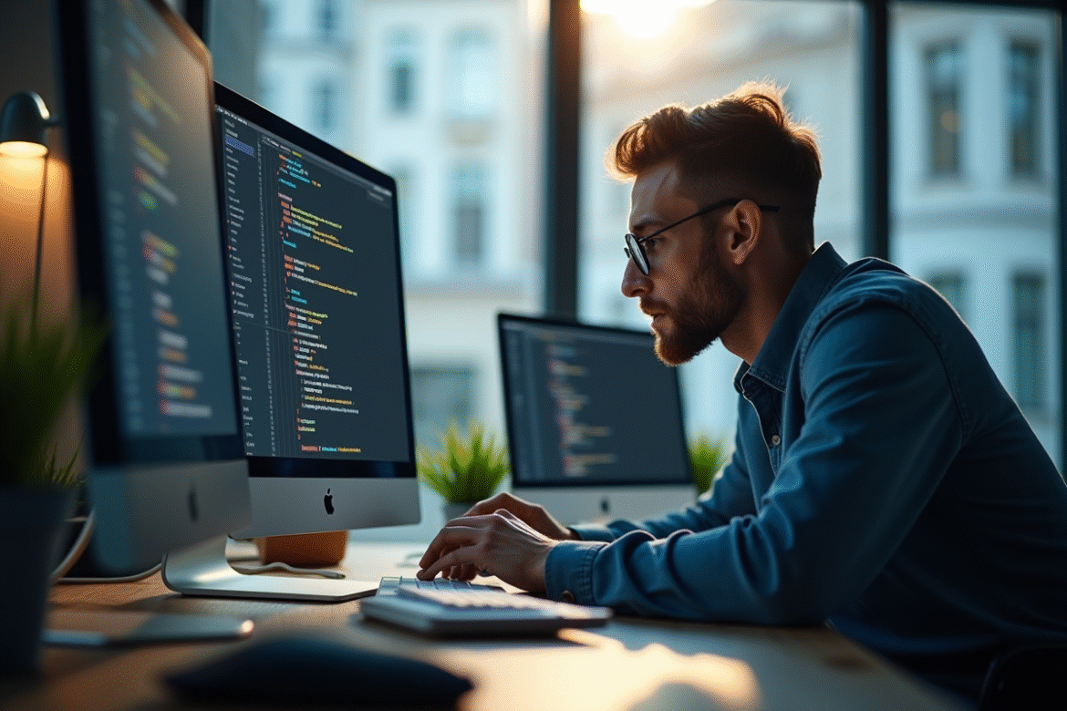 Professionnel analysant du code R dans un bureau lumineux