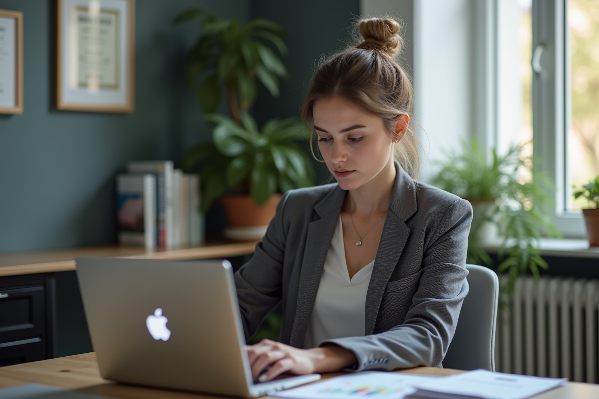 Jeune analyste financière analysant données ESG sur son ordinateur