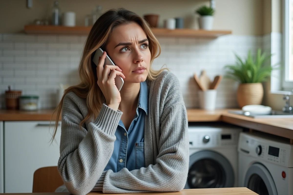 Femme appelant le service téléphonique Darty SAV depuis son domicile pour un problème d'électroménager