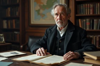 Portrait d'un homme âgé consultant des archives et documents historiques norvégiens dans une bibliothèque traditionnelle