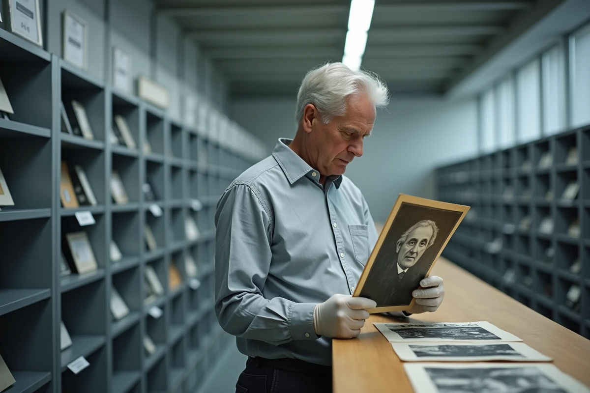Archiviste consultant une photographie historique en noir et blanc dans une salle de lecture des archives nationales norvégiennes