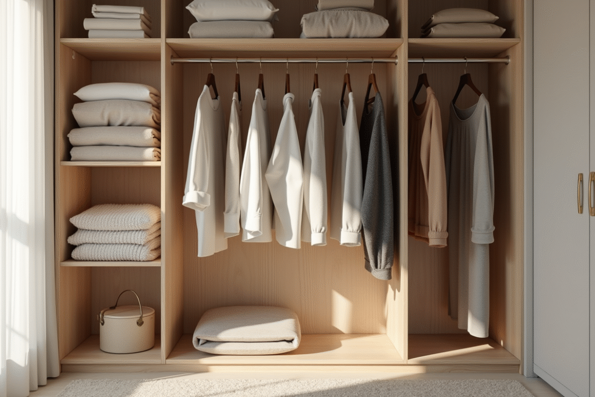 Petite armoire organisée avec vêtements neutres et lumière naturelle