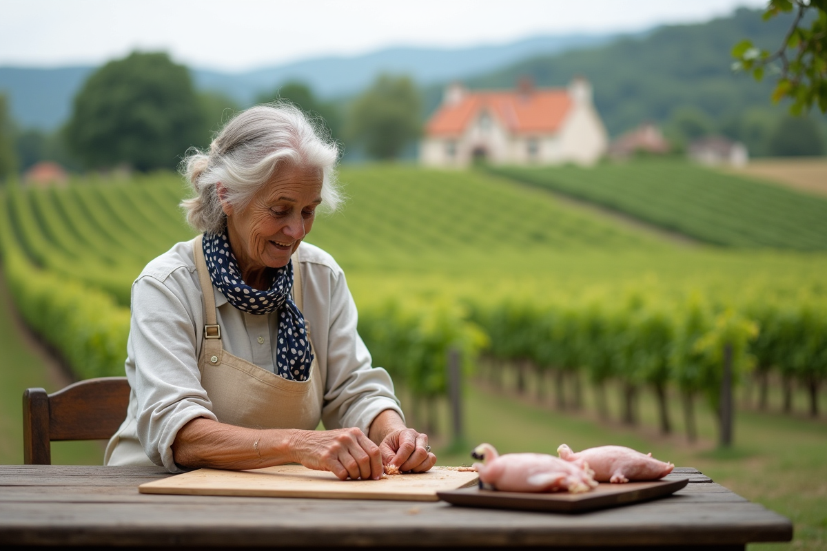 Artisane préparant du foie gras dans un paysage campagnard
