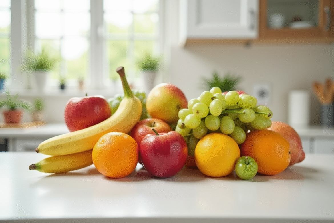 Assortiment de fruits en forme de U sur un plan de travail blanc