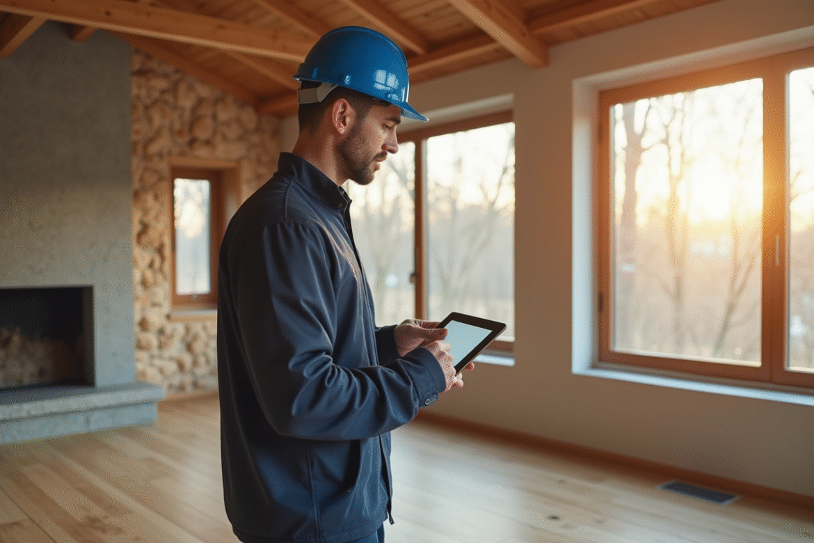 Auditeur énergétique utilisant une tablette dans un salon lumineux