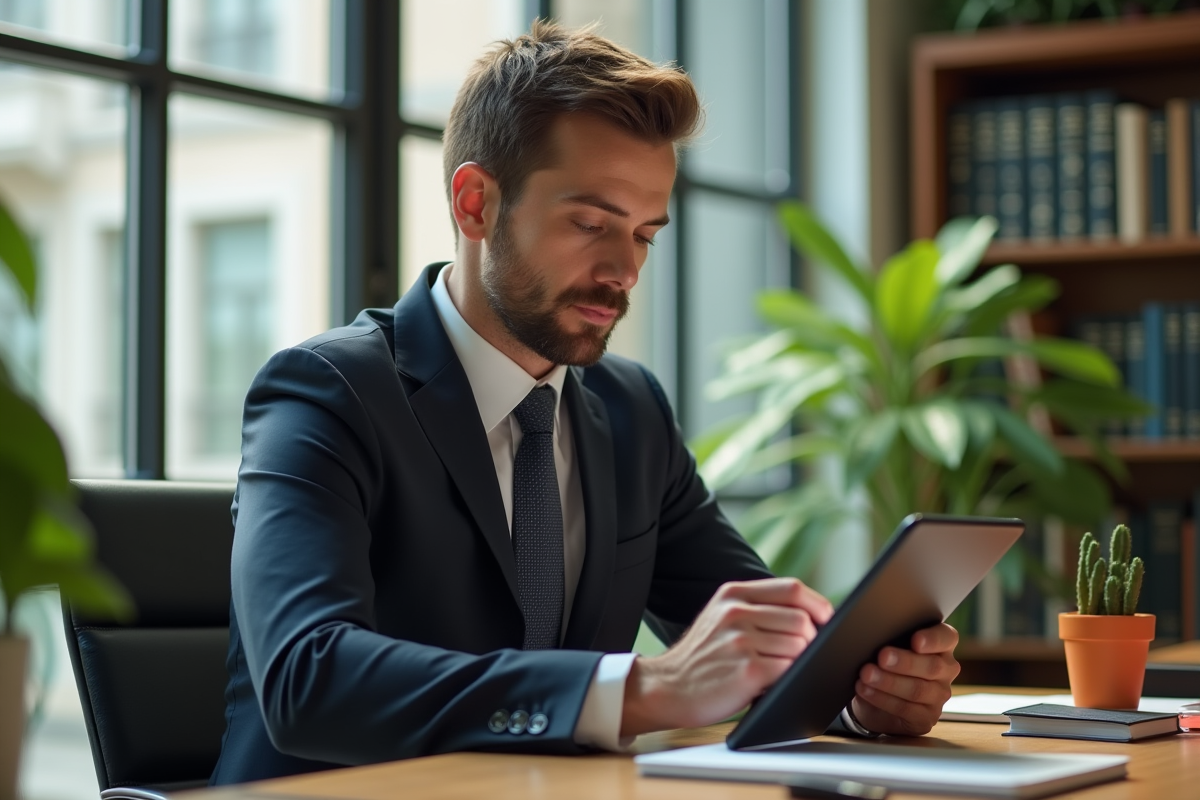 Avocat professionnel utilisant une tablette pour consulter le CPC dans un bureau lumineux
