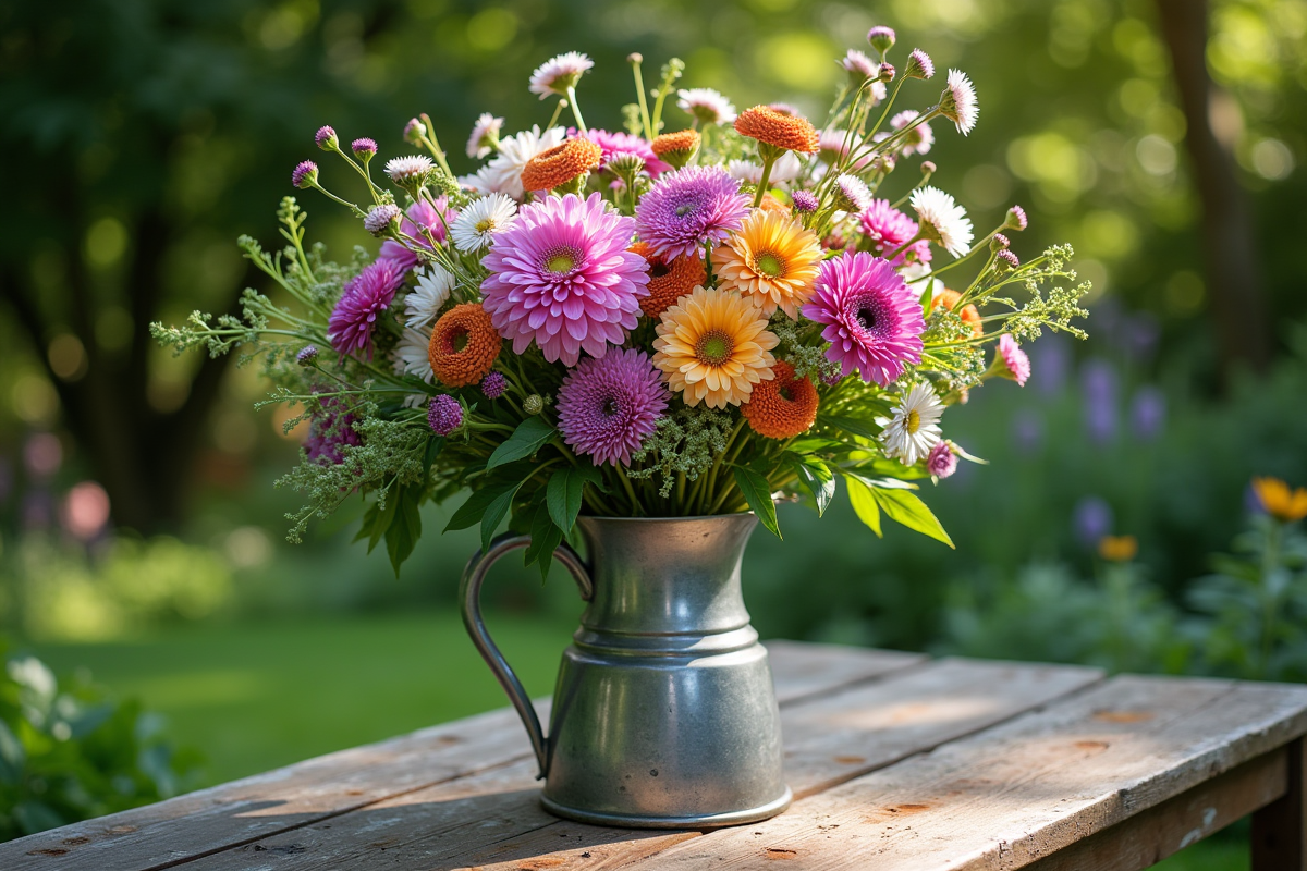 Bouquet champêtre avec allium et asters dans un pichet vintage