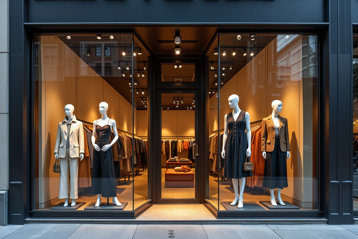 Vitrine d'une boutique de luxe mode en ville avec mannequins