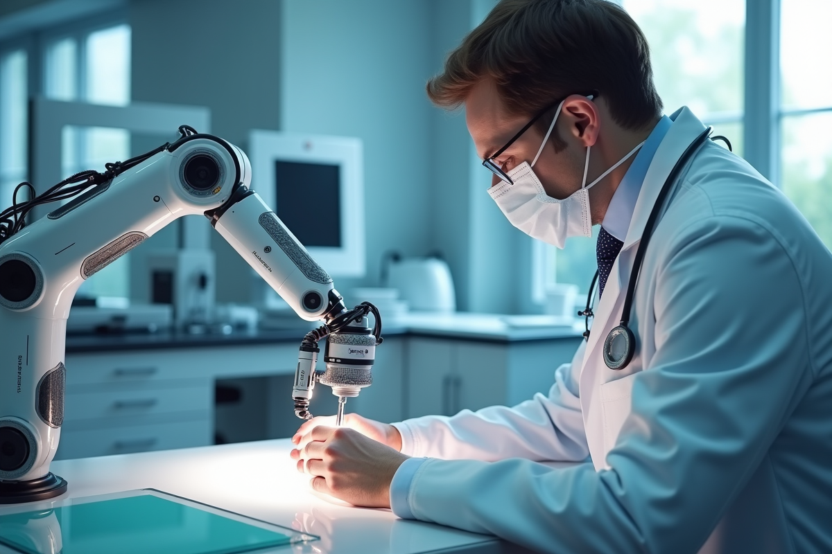 Bras robotique aidant un médecin dans un laboratoire futuriste