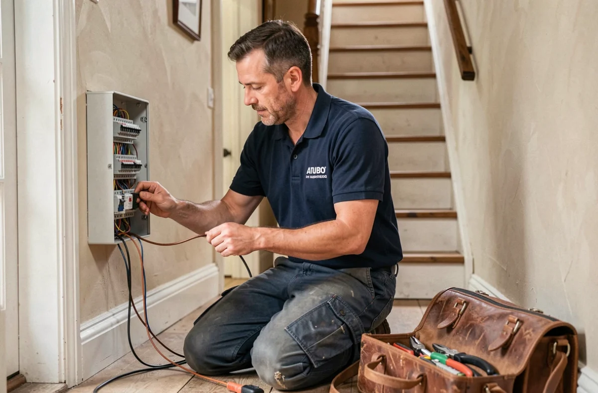 Technicien de Brunet Électricité Normandie réparant un tableau de fusibles dans une maison normande