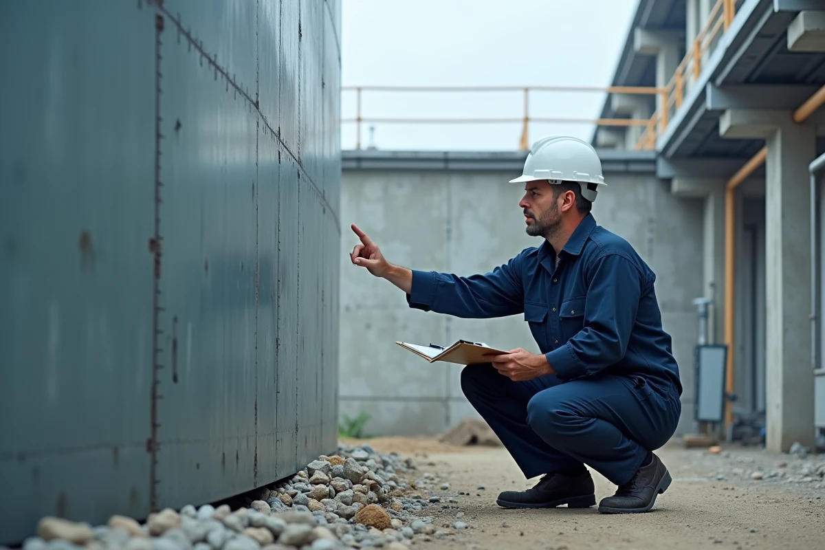 Technicien sur chantier vérifiant les graduations d'une cuve d'eau pour un calcul de conversion litre en mètre cube