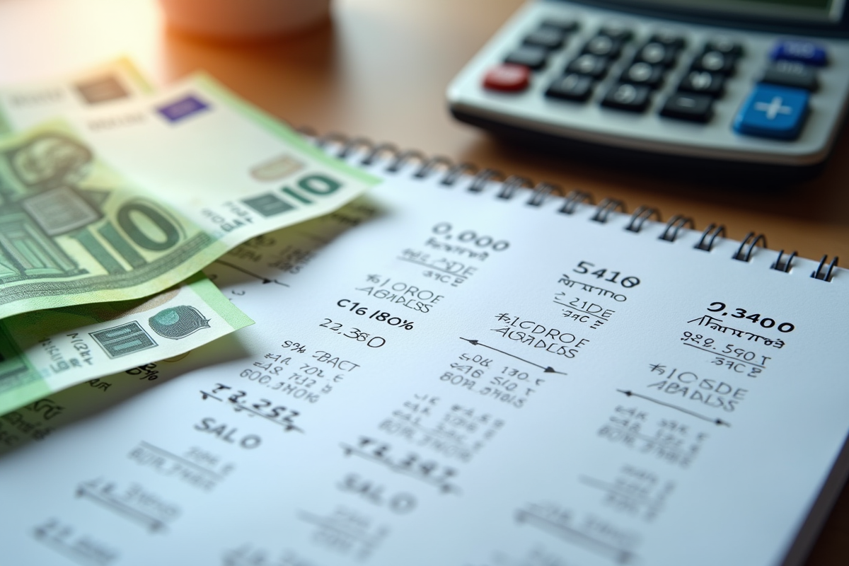 Espace de travail avec billets euros et calculatrice