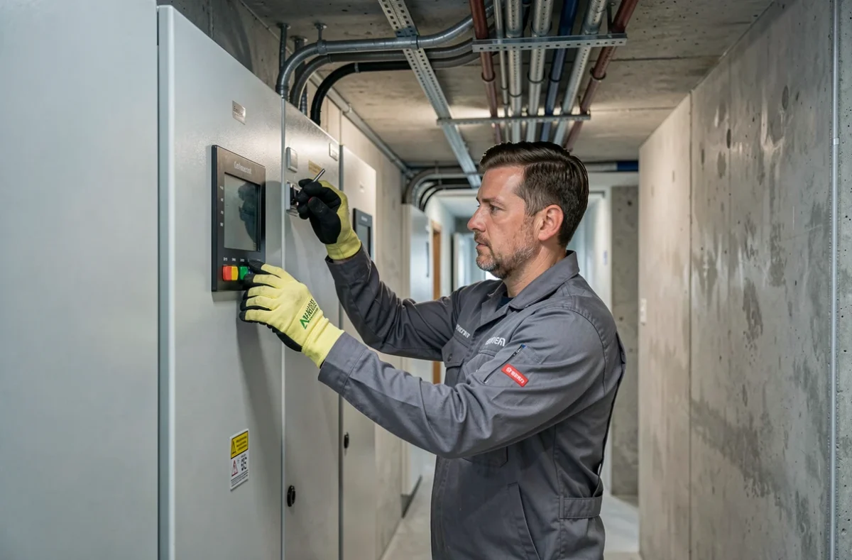 Électricien de Cegelec Normandie installant une armoire électrique dans un couloir commercial