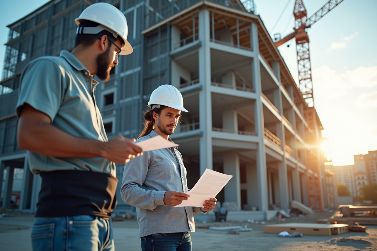 Ouvriers sur un chantier avec cadre structurel et papiers juridiques