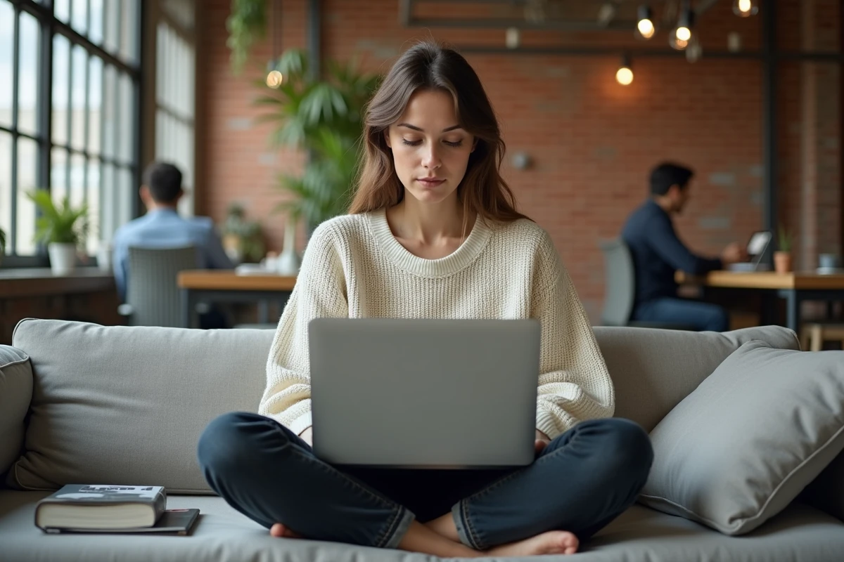Chargée de contenu bilingue travaillant sur une interface de traduction allemand-français dans un espace de co-working moderne