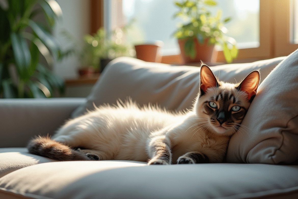 Chat siamois détendu sur un canapé moderne dans un salon lumineux