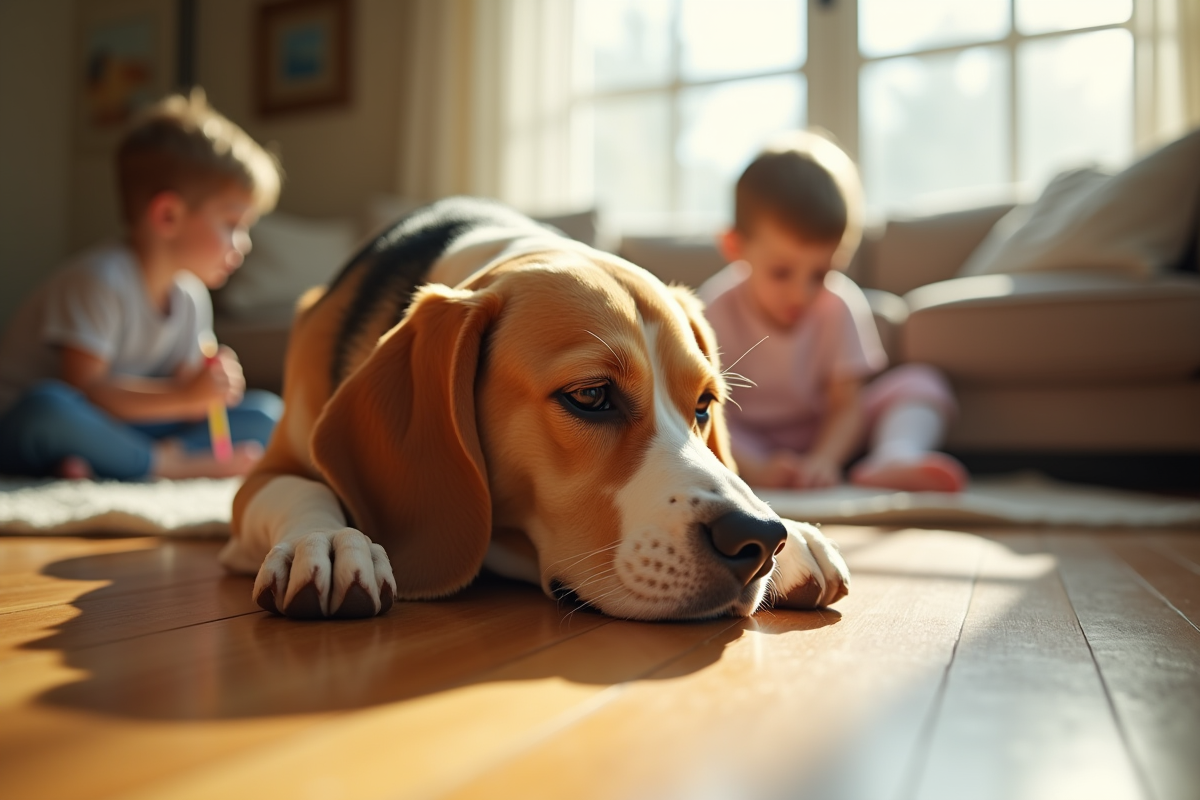 Chiot beagle allongé sur le sol en bois avec des enfants dessinant