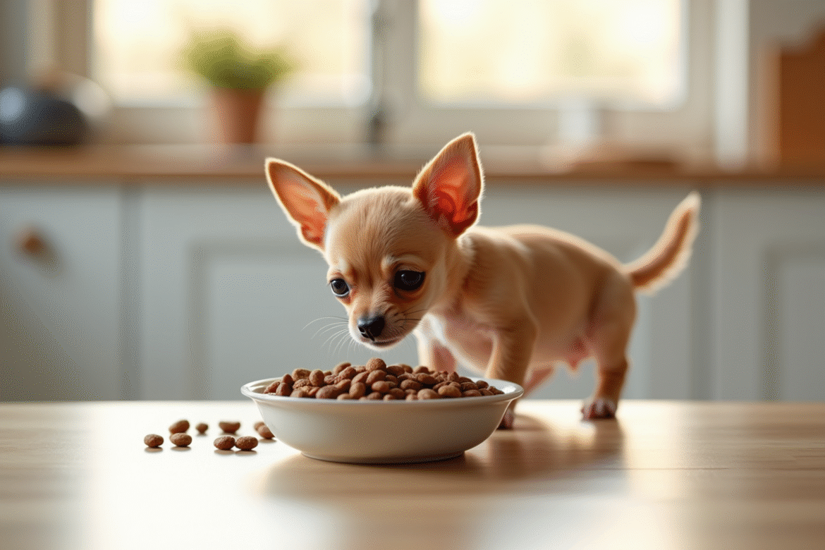 Petit chiot chihuahua reniflant une nourriture pour chien dans une cuisine lumineuse