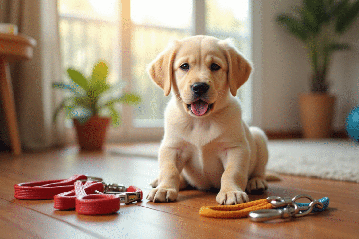 Chiot labrador joueur en intérieur avec accessoires colorés