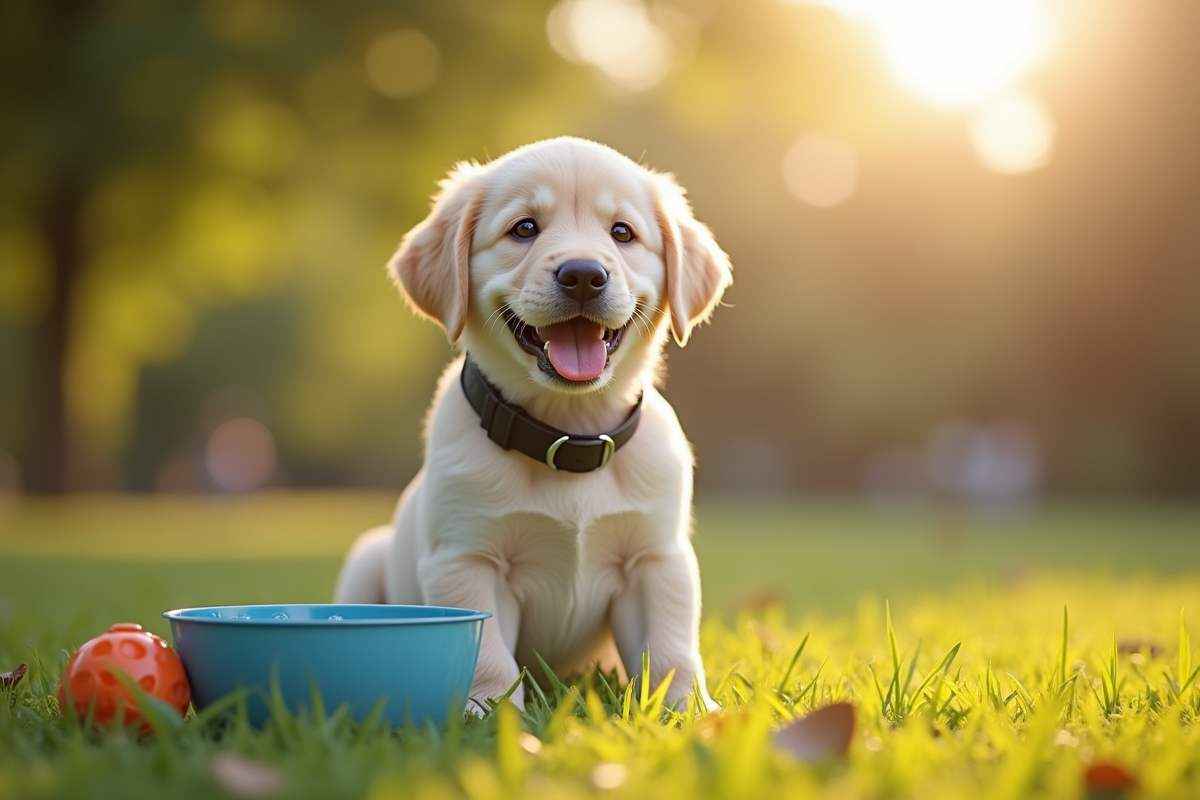 Chiot labrador souriant en extérieur dans un parc ensoleille