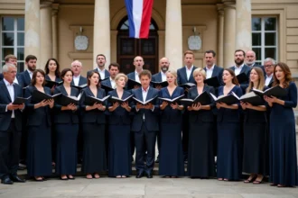 Chœur adulte chantant La Marseillaise devant un bâtiment républicain français avec drapeau tricolore