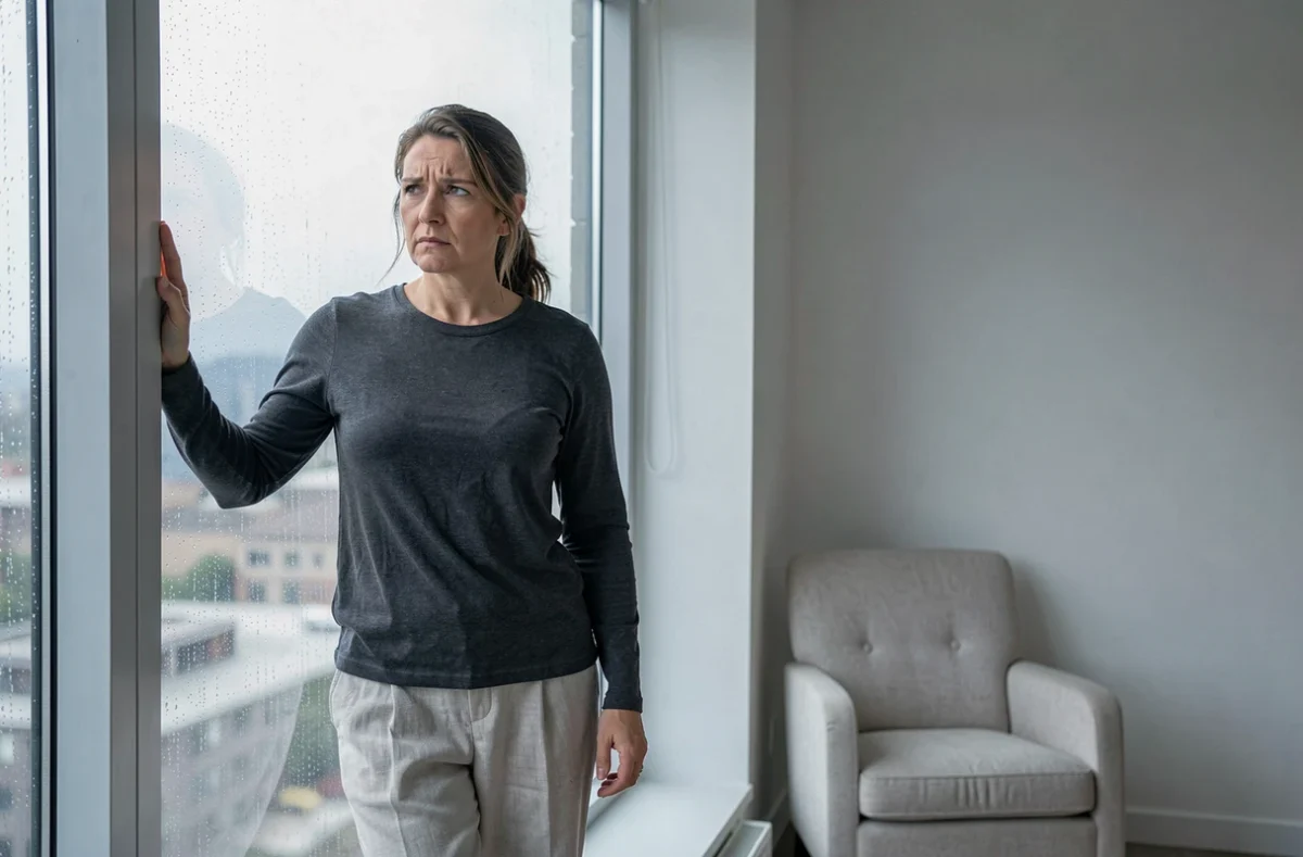 Femme regardant par une fenêtre sous la pluie dans un appartement épuré, évoquant la solitude et la mélancolie profonde