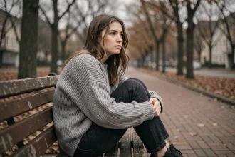 Jeune femme mélancolique assise seule sur un banc dans un parc automnal, illustrant la tristesse et la dépression