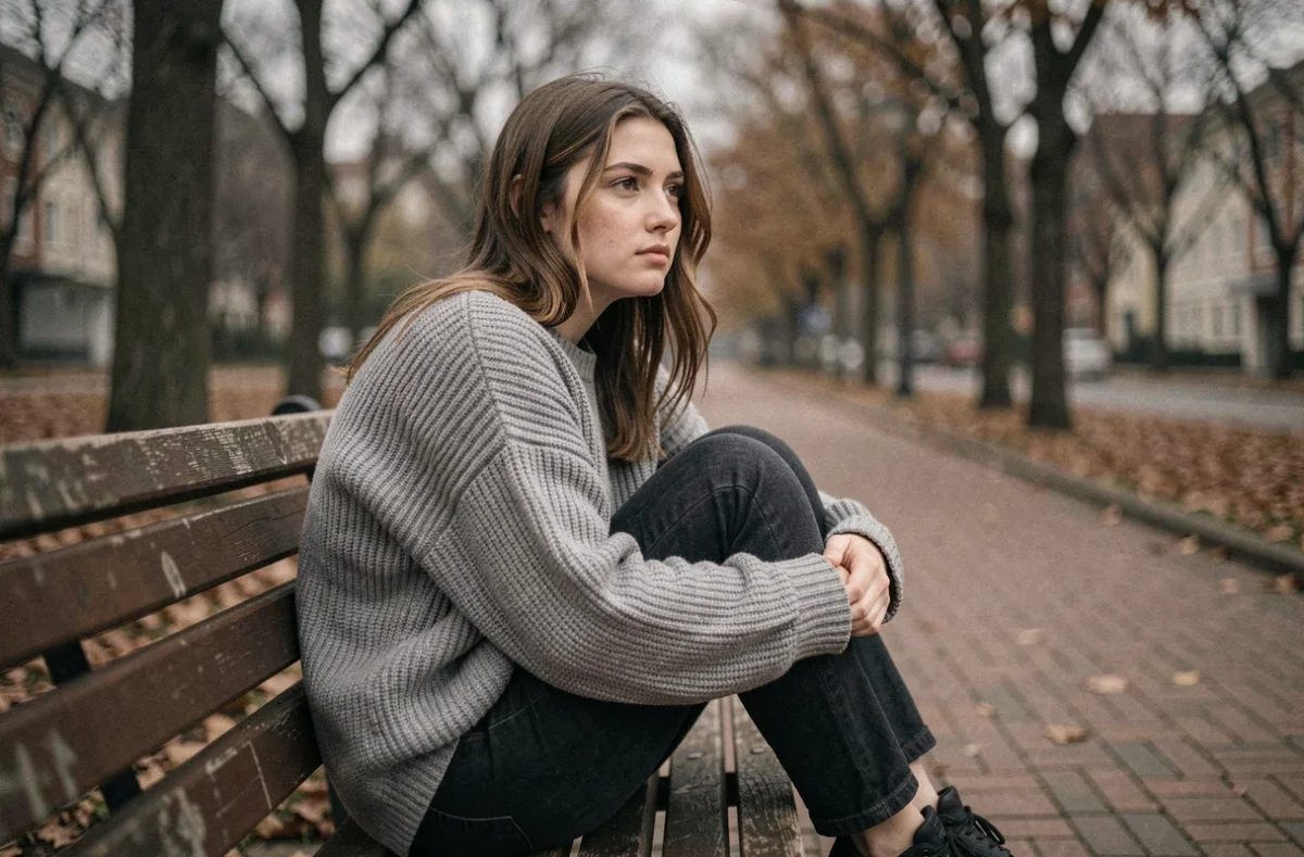 Jeune femme mélancolique assise seule sur un banc dans un parc automnal, illustrant la tristesse et la dépression