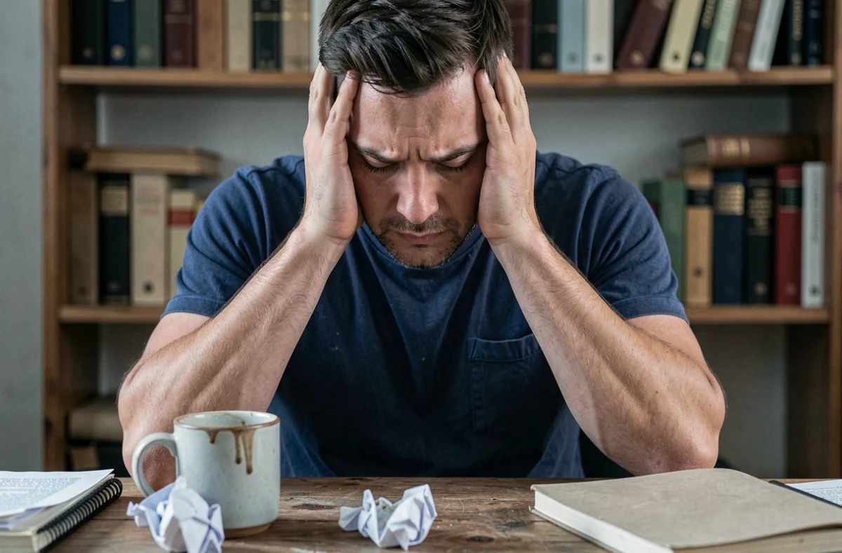 Homme épuisé la tête dans les mains à son bureau, symbolisant le mal-être intérieur et la dépression silencieuse