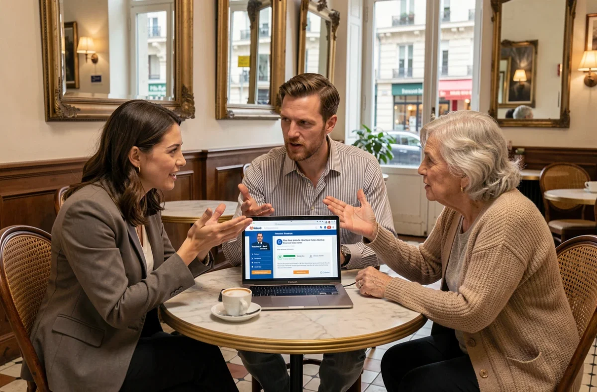 Groupe de citoyens français discutant d'un quiz politique républicain autour d'un ordinateur portable dans un café parisien
