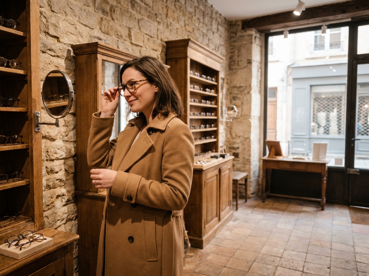 Cliente essayant des montures de lunettes dans une boutique d'opticien indépendant à Saône