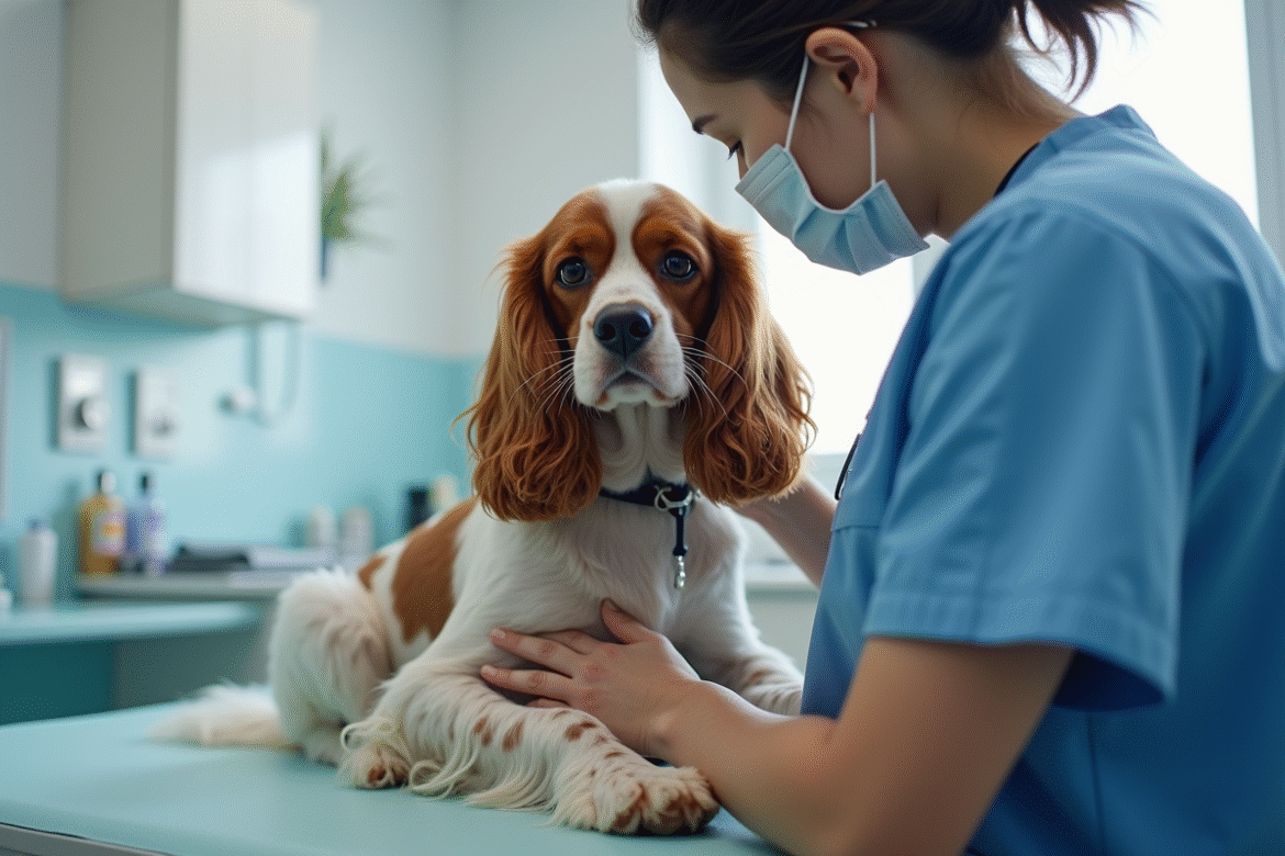 Cocker spaniel calme chez le vétérinaire pour un examen